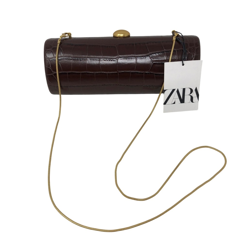 Zara Minaudiere Clutch Medium Brown Croc Embossed Gold Chain 6532/410/700